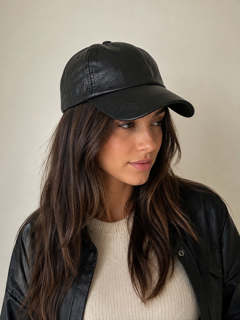 a new day Black Faux Leather Baseball Cap